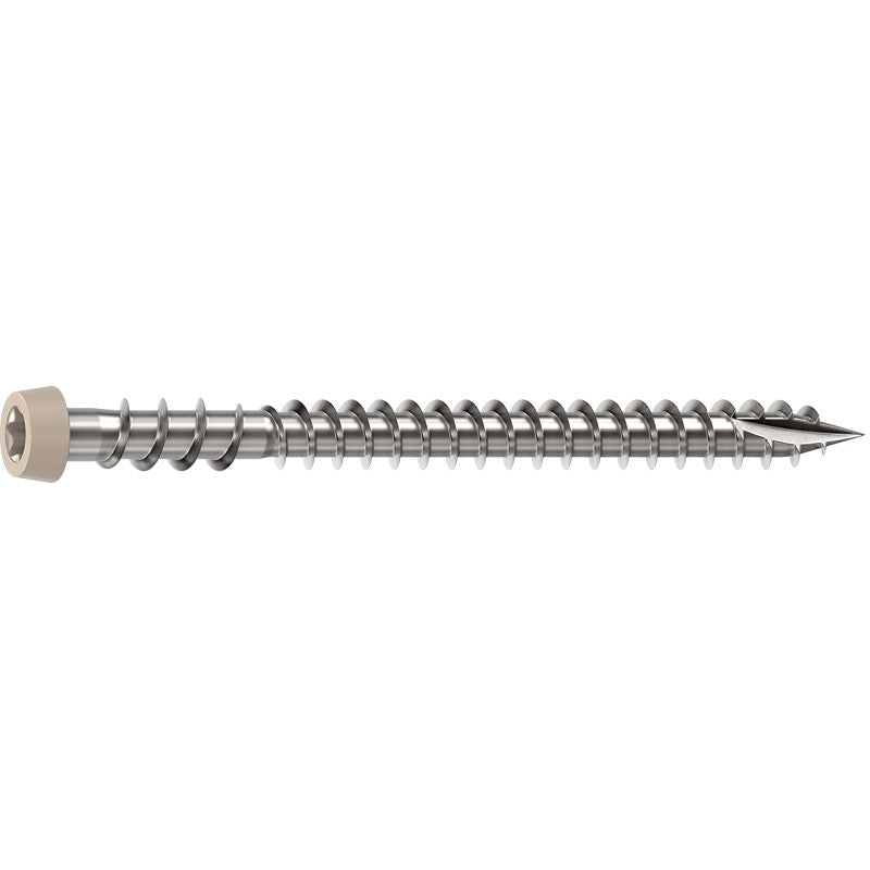 Camo 0367158SS Deck Screw, #10 Thread, 2-1/2 in L, Reverse Upper Thread, Trim Head, Star Drive, Type-17 Point, Sand