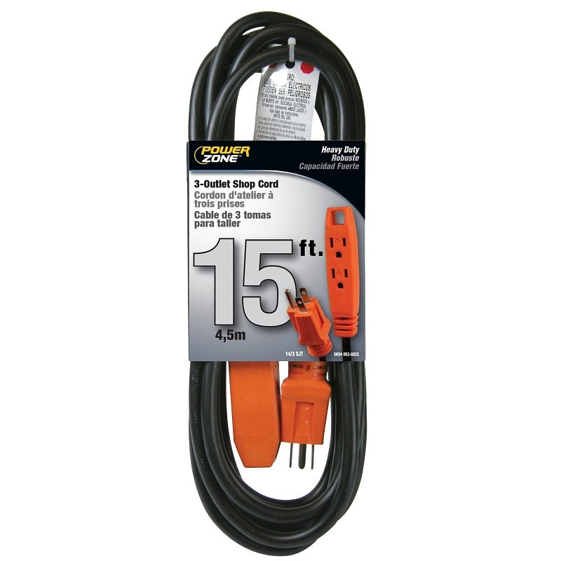 PowerZone OR890715 Extension Cord, 14 AWG Cable, 5-15P Grounded Plug, 5-15R Grounded Receptacle, 15 ft L, 125 V