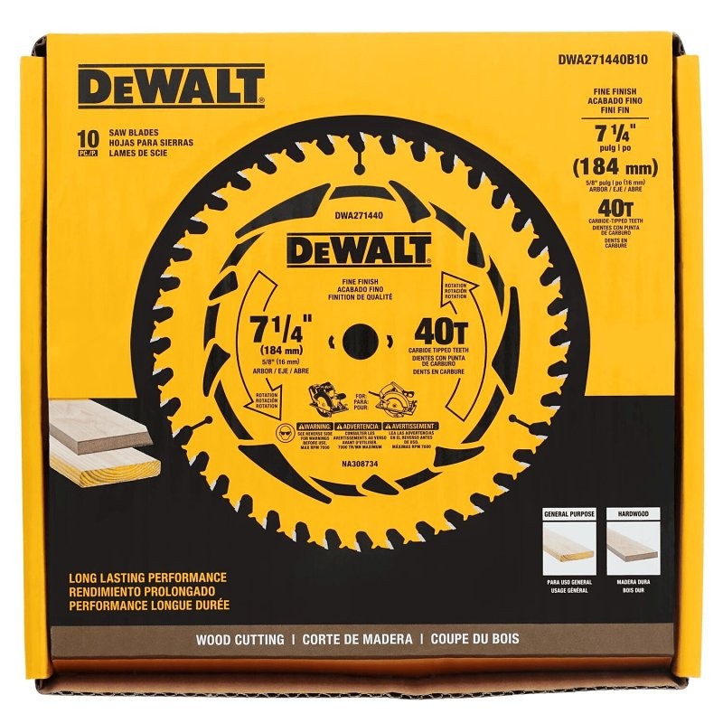 DEWALT DWA171440B10 Circular Saw Blade, 7-1/4 in Dia, 5/8 in Arbor, 40-Teeth, Tungsten Carbide Cutting Edge (Pack of 10)