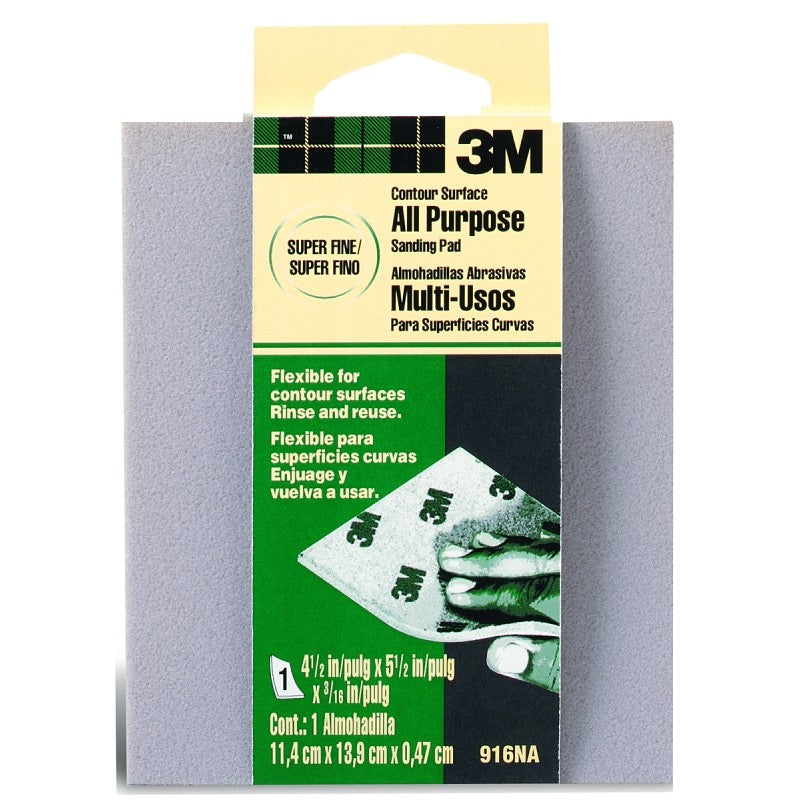 3M 916 Sanding Sponge, 5-1/2 in L, 4-1/2 in W, 180 Grit, Extra Fine