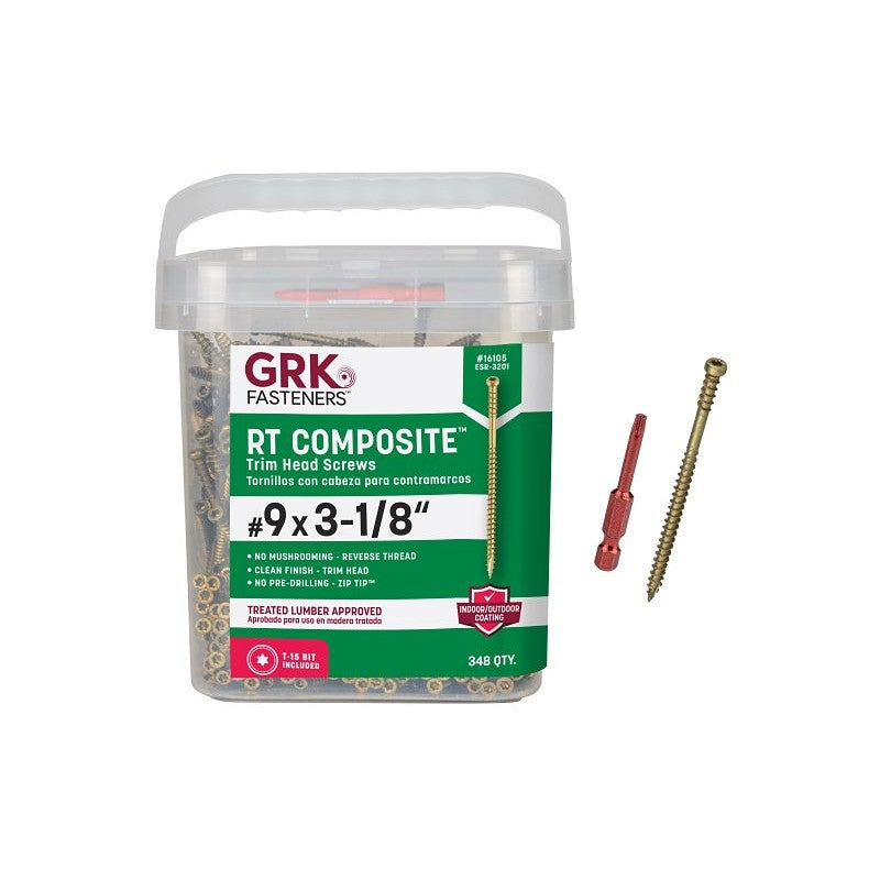 GRK Fasteners RT Series 16105 Screw, #9 Thread, 3-1/8 in L, Reverse Thread, Trim Head, Star Drive, Steel, 348 PAIL