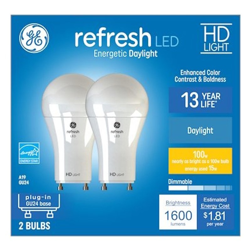 GE 93129021 LED Bulb, A19 Lamp, 100 W Equivalent, GU24 Lamp Base, Dimmable, DayLight, 5000 K Color Temp