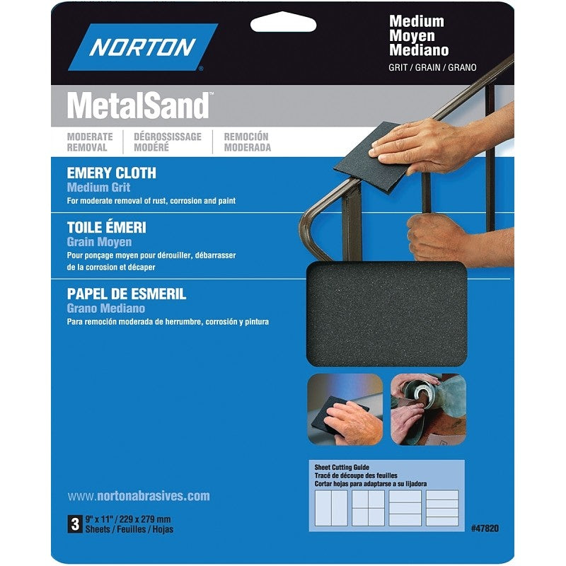 Norton MetalSand 07660747820 Sanding Sheet, 11 in L, 9 in W, Medium, Emery Abrasive, Cloth Backing