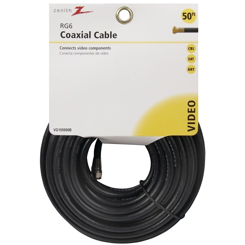 Zenith VG105006B RG6 Coaxial Cable, F-Type, F-Type, 50 ft L