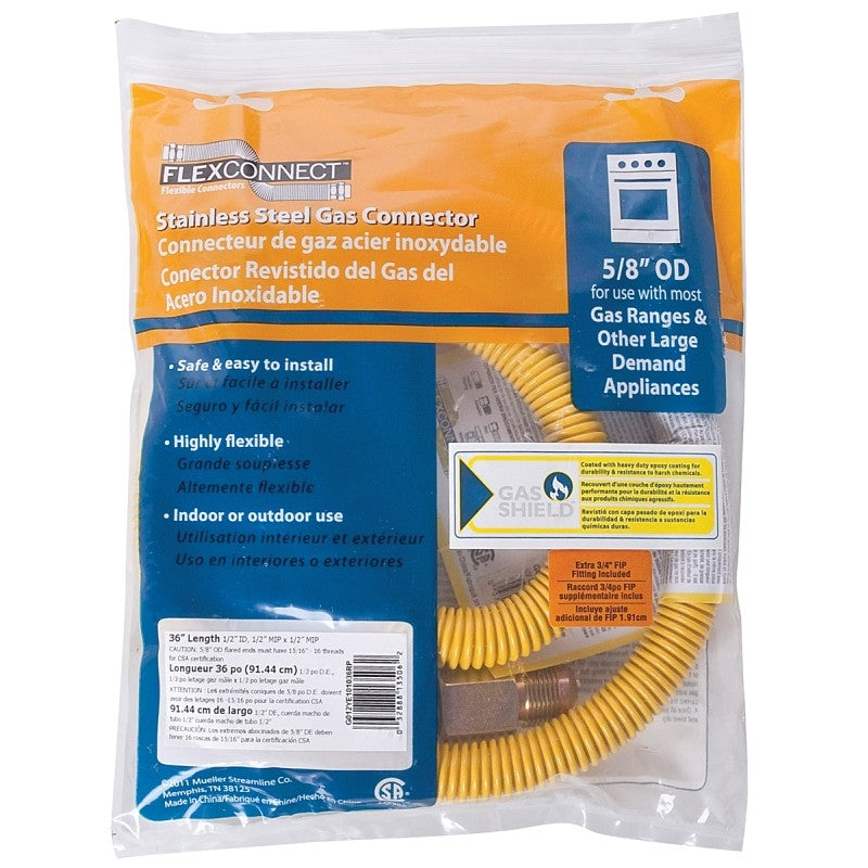 B & K G012YE101036RP Gas Connector, 1/2 in, MIP x MIP, Stainless Steel, Epoxy-Coated, 36 in L, 5/8 in OD