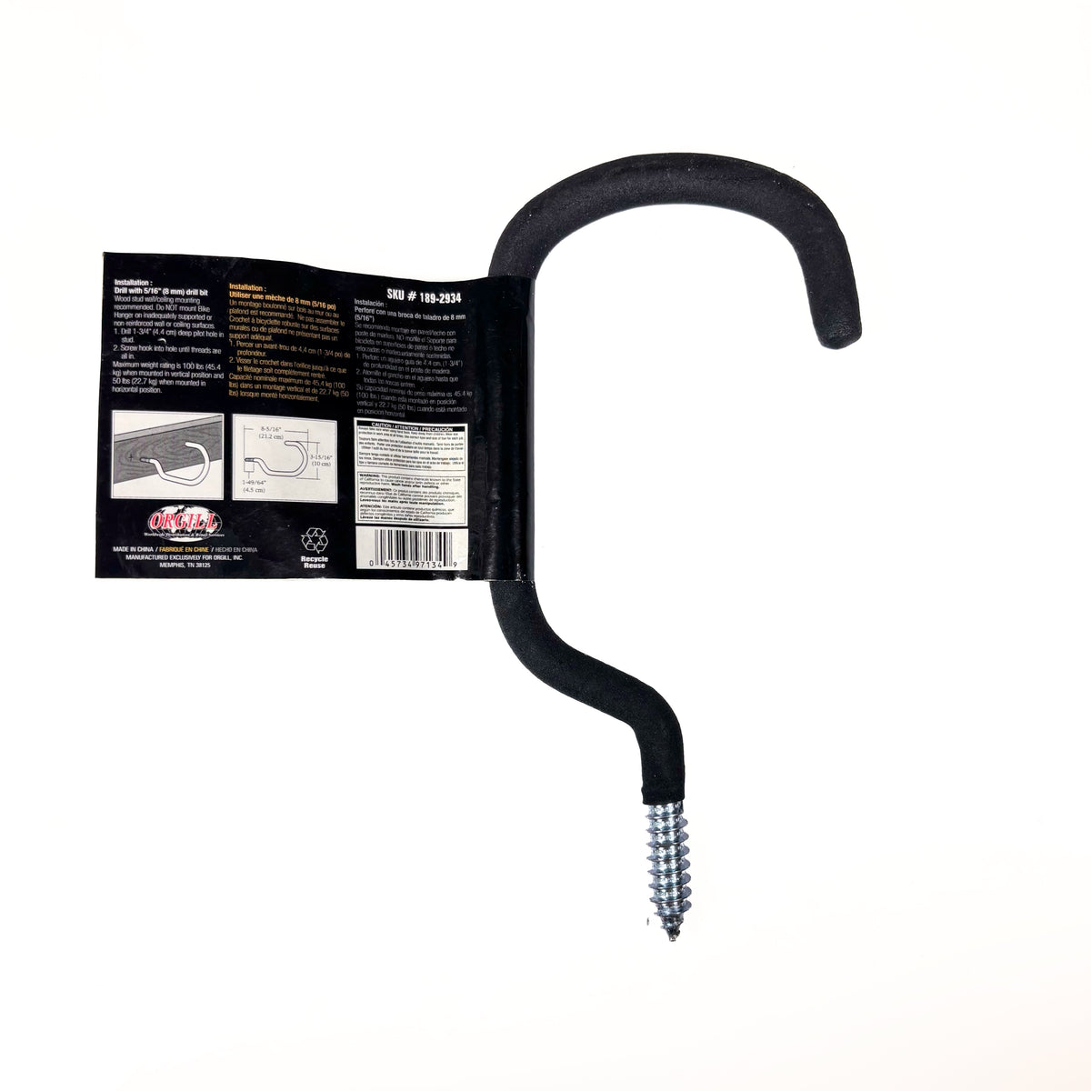 Screw-in Bike Hanger Heavy Duty 3/8 Inch Thick Black