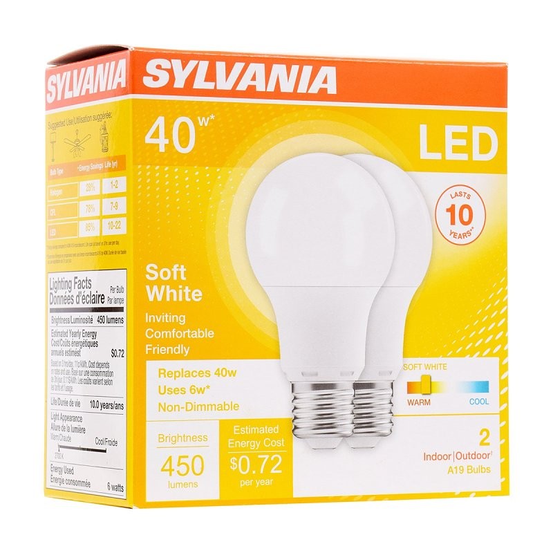 Sylvania 74077 LED Bulb, General Purpose, 450 Lumens, 6 W, A19 Lamp, 40 W Equivalent, E26 Lamp Base, Frosted, Warm White