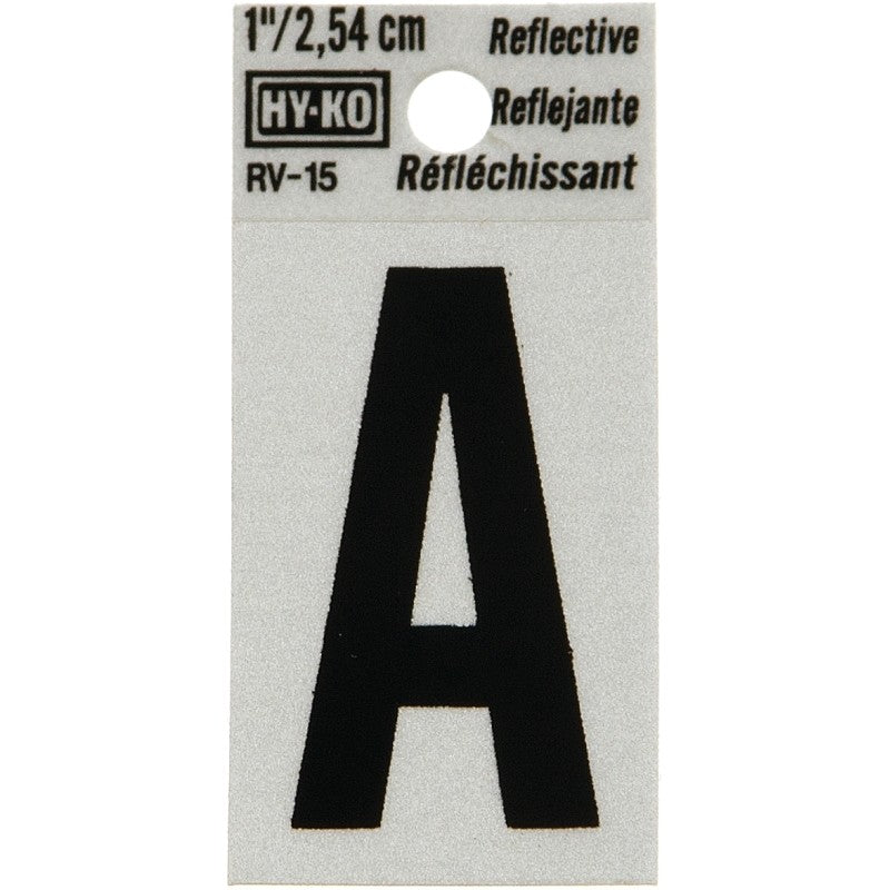 Hy-Ko RV-15/A Reflective Letter, Character: A, 1 in H Character, Black Character, Silver Background, Vinyl (Pack of 10)
