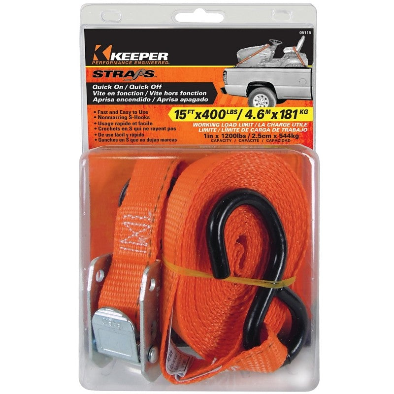 Keeper 05115 Tie-Down, 1 in W, 15 ft L, Nylon, Red, 400 lb, S-Hook End Fitting