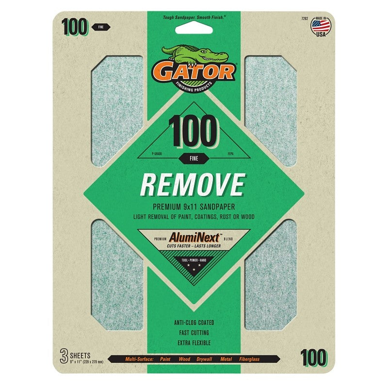 Gator 7262 Premium Sandpaper, 9 in W, 11 in L, 100 Grit, Coarse, Latex Backing