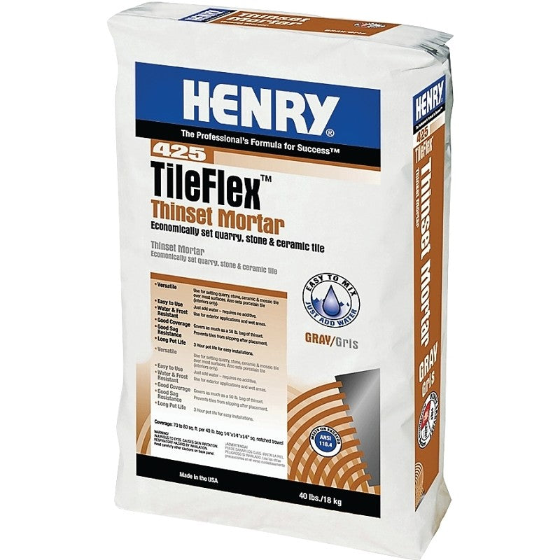 Henry 425 TileFlex Series 12260 Thin-Set Mortar, Gray, Fine Solid Powder, 40 lb, Bag