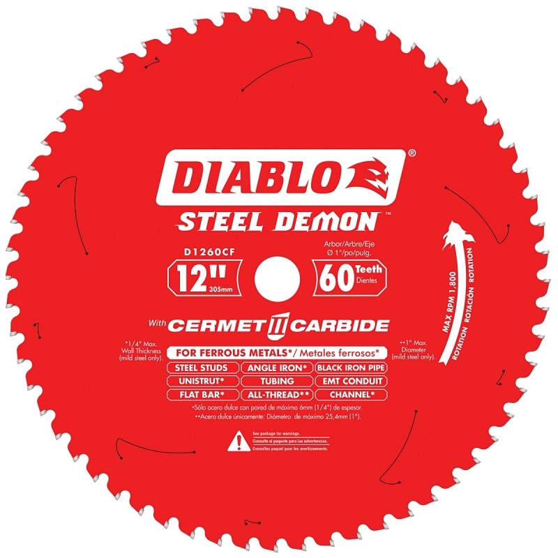Diablo D1260CF Circular Saw Blade, 12 in Dia, 1 in Arbor, 60-Teeth, Cermet Cutting Edge