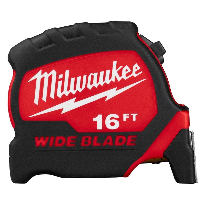 Milwaukee 48-22-1216 Tape Measure, 16 ft L Blade, 1-3/8 in W Blade, Steel Blade, ABS Case, Black/Red Case