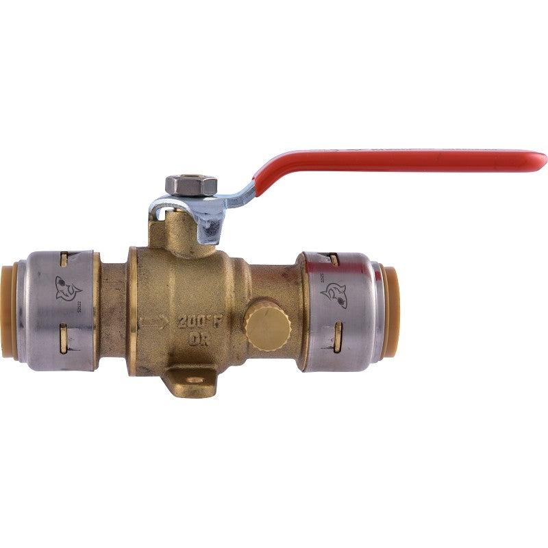 SharkBite UR24616A Ball Valve with Drain and Mounting Tab, 3/4 in Connection, Push-Fit, 250 psi Pressure, Brass Body