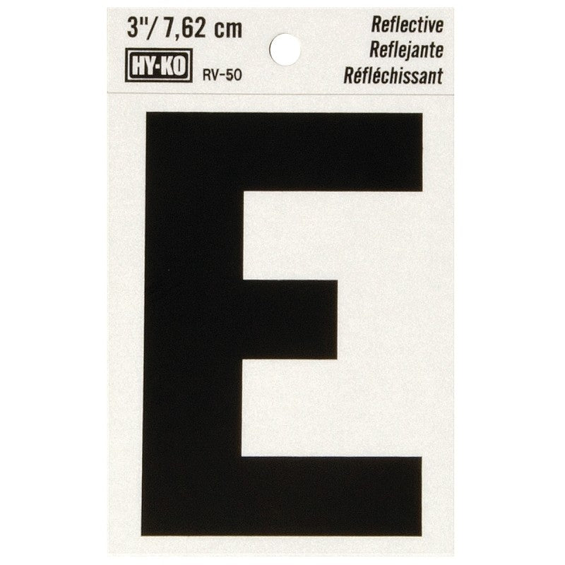 Hy-Ko RV-50/E Reflective Letter, 2-1/2 in W x 4 in H Dimensions, Character: E, 3 in H Character, Black Character, Vinyl (Pack of 10)