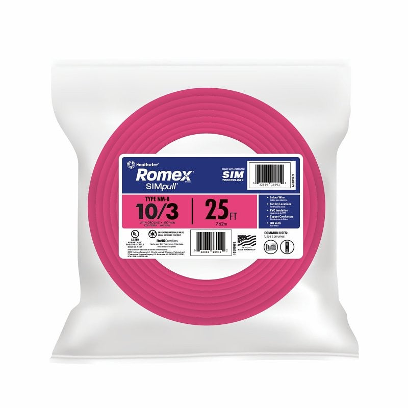Romex NMB10/3 PINK Non-Metallic Cable, 10 AWG Wire, 3-Conductor, 25 ft L, Copper Conductor, PVC Insulation