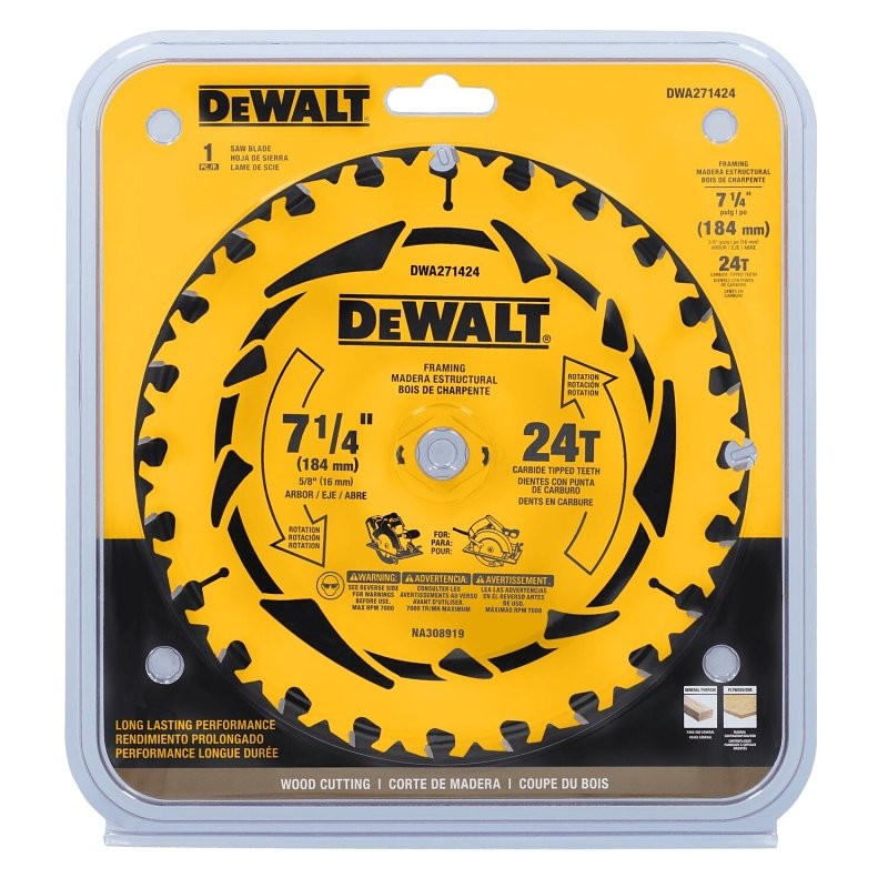 DEWALT DWA171424 Circular Saw Blade, 7-1/4 in Dia, 5/8 in Arbor, 24-Teeth, Applicable Materials: Wood, 1/PK