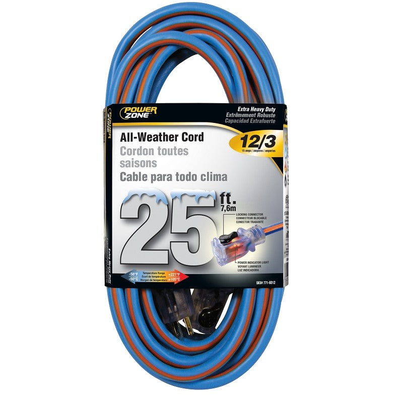 PowerZone ORC530825 Extension Cord, 12 AWG Cable, 5-15P Grounded Plug, 5-15R Grounded Receptacle, 25 ft L, 125 V