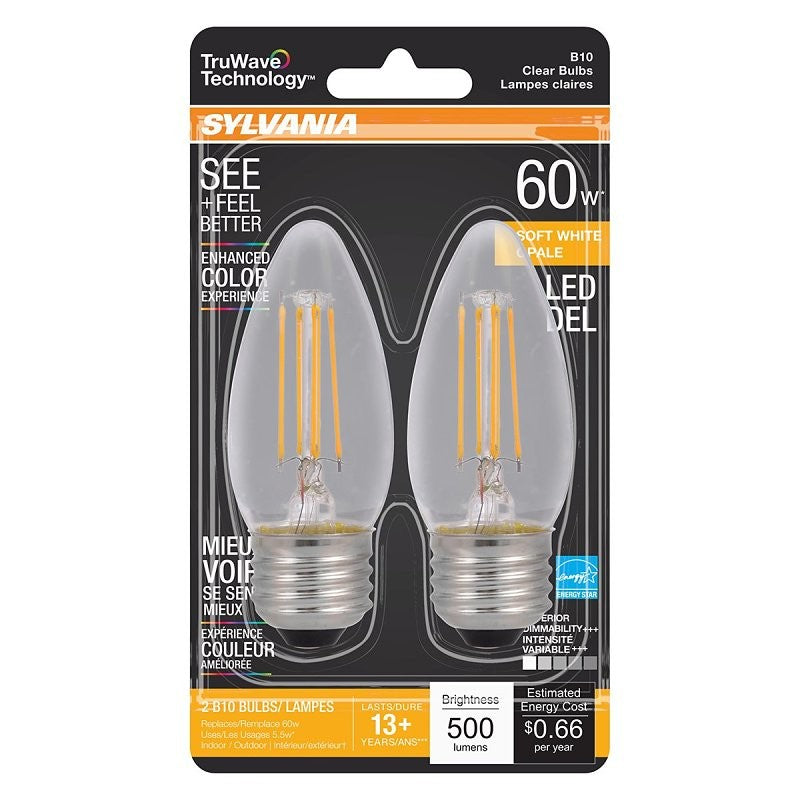 Sylvania 40795 Natural LED Bulb, Decorative, B10 Blunt Tip Lamp, 60 W Equivalent, E26 Lamp Base, Dimmable, Clear