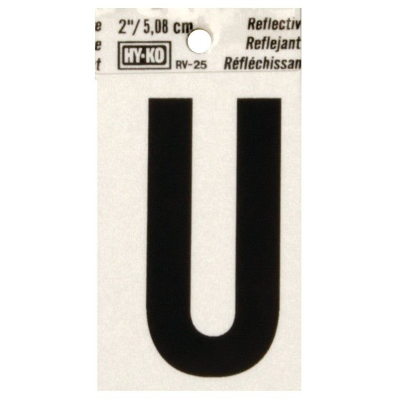 Hy-Ko RV-25/U Reflective Letter, 1-1/2 in W x 3 in H Dimensions, Character: U, 2 in H Character, Black Character, Vinyl (Pack of 10)