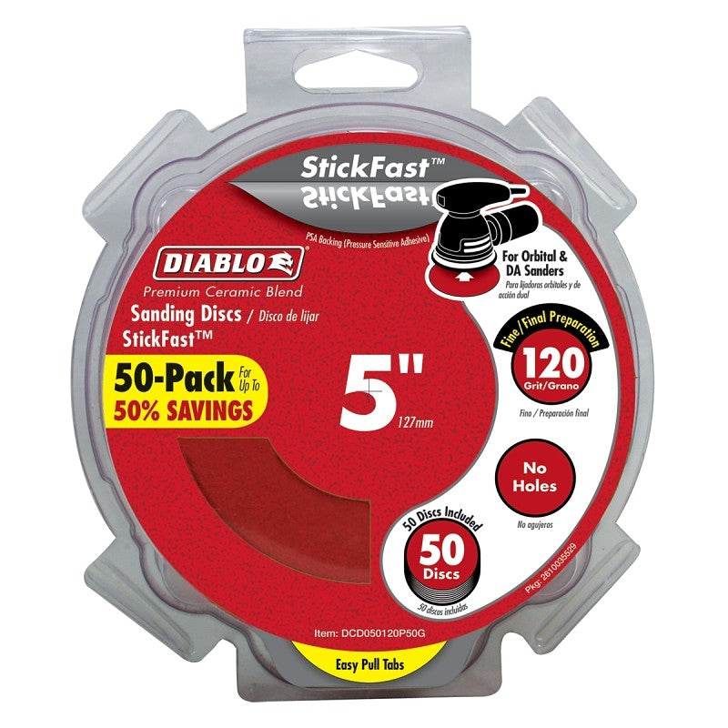 Diablo DCD050120P50G Sanding Disc, 5 in Dia, 120 Grit, Fine, Ceramic Abrasive, Pressure-Sensitive Adhesive Backing