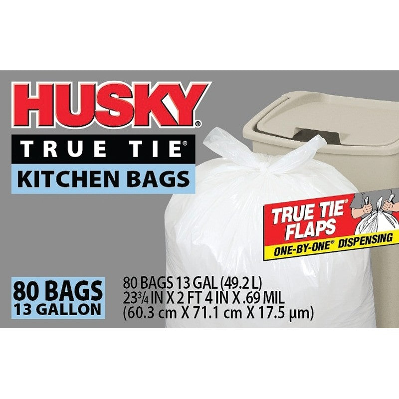 Husky HK13WC080W Kitchen Trash Bag, 13 gal, White, Poly, 0.69 mil THK