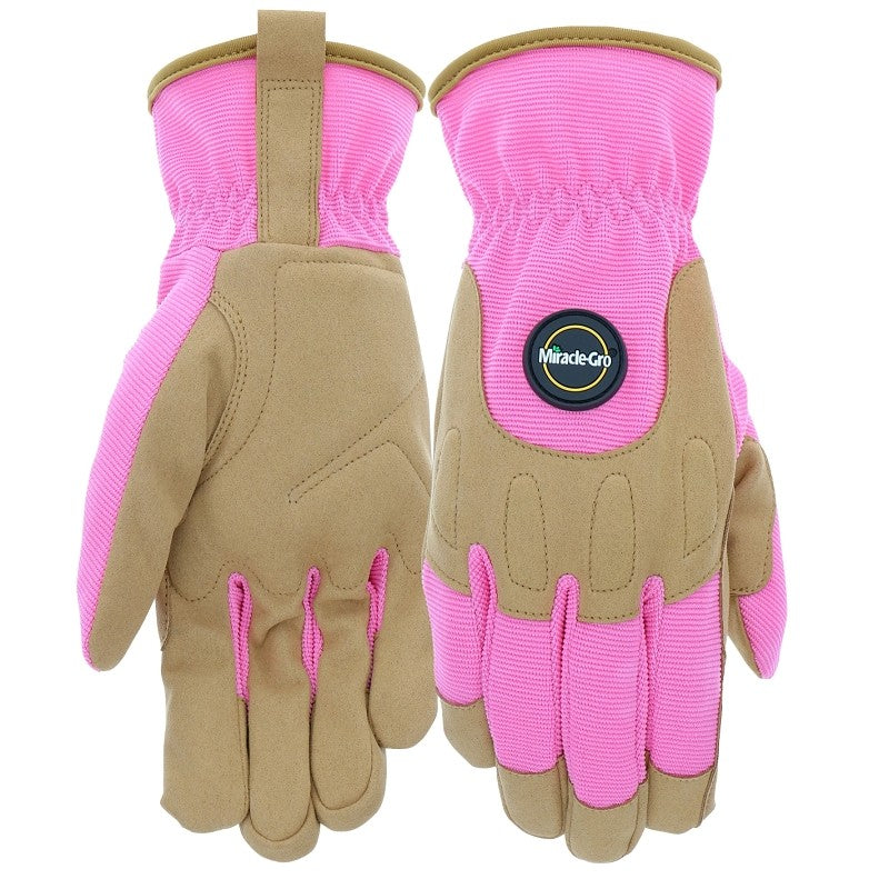 Miracle-Gro MG86203/WML Gloves, Women's, M/L, 4 in L, Reinforced Thumb, Shirred Wrist Cuff, Synthetic Leather, Pink
