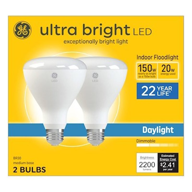 GE 93130932 LED Light Bulb, BR30 Lamp, 150 W Equivalent, Medium Lamp Base, Dimmable, Frost, Daylight Light