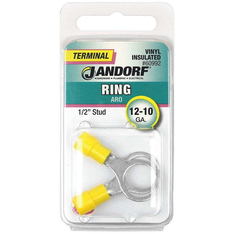 Jandorf 60992 Ring Terminal, 12 to 10 AWG Wire, 1/2 in Stud, Vinyl Insulation, Copper Contact, Yellow