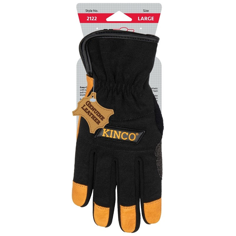 KincoPro 2122-L Hybrid Gloves, Men's, L, Wing Thumb, Easy-On, Shirred Elastic Cuff, Grain Buffalo Back, Black