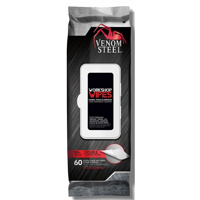 Venom Steel VENWP60 Workshop Wipe with Scrubbing Beads, 8 in L, 12 in W, Citrus