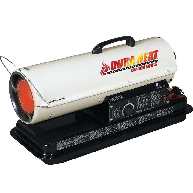Dura Heat DFA80T/75T Kero Forced Air Heater with Thermostat, 5 gal Fuel Tank, Kerosene, 80000 Btu, White