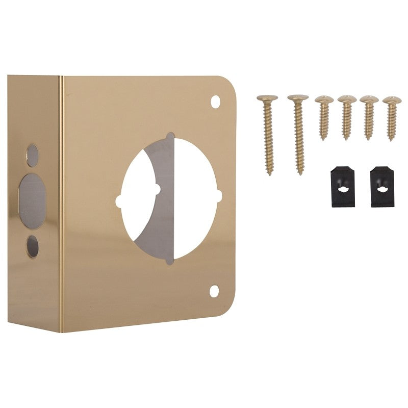ProSource HSH-044SBP-PS Door Reinforcer, 2-3/8 in Backset, 1-3/4 in Thick Door, Steel, Brass, 4-1/2 in H, 4 in W