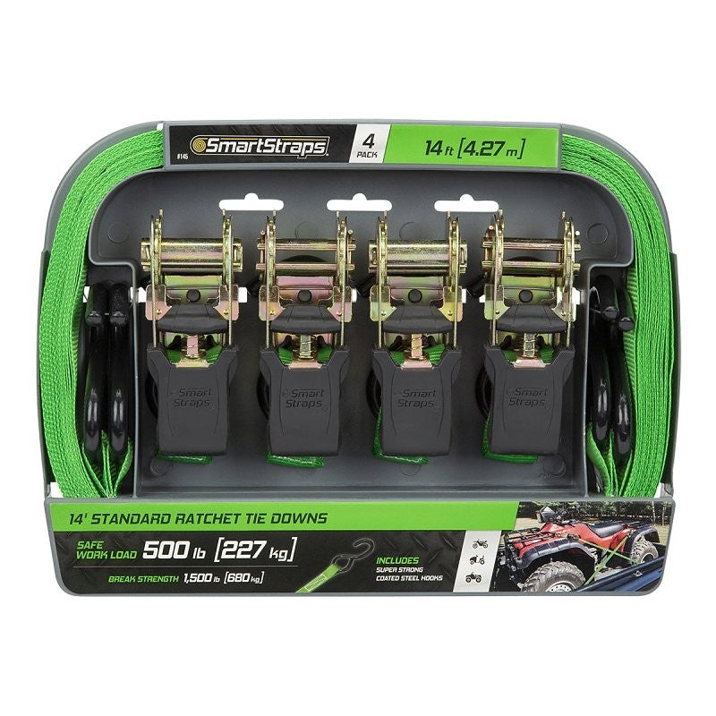 SmartStrap 145 Padded Tie Down, 1 in W, 14 ft L, Polyester/Plastic, Green, 500 lb Working Load, S-Hooks End