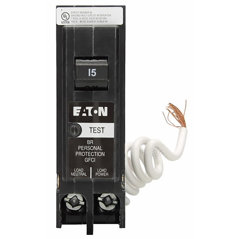 Eaton BRN115GF Circuit Breaker, BR, GFCI, 15 A, 1-Pole, 120/240 VAC, Plug