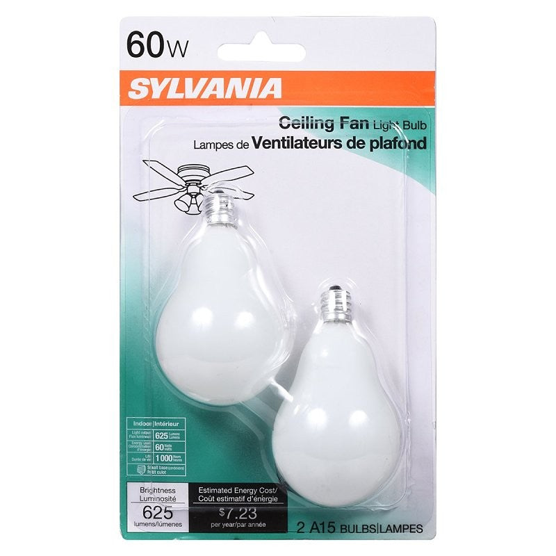 Sylvania 10777 Incandescent Bulb, 60 W, A15 Lamp, Candelabra E12 Lamp Base, 625 Lumens, 4100 K Color Temp