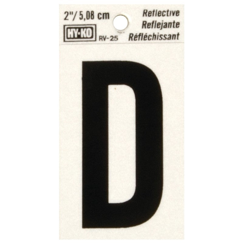 Hy-Ko RV-25/D Reflective Letter, 1-1/2 in W x 3 in H Dimensions, Character: D, 2 in H Character, Black Character, Vinyl (Pack of 10)