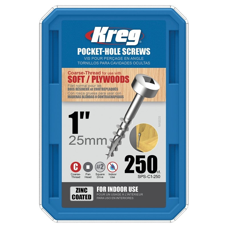 Kreg SPS-C1-250 Pocket-Hole Screw, #7 Thread, 1 in L, Coarse Thread, Pan Head, Square Drive, Self-Tapping Point, Steel