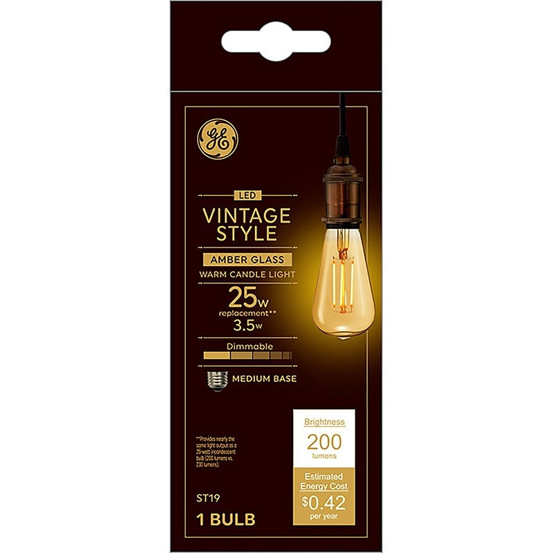 GE 36811 Light Bulb, Vintage, ST19 Lamp, Medium (E26) Lamp Base, Dimmable, Amber, 2200 K Color Temp