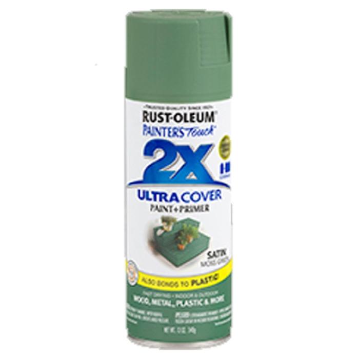 Rust-Oleum Painter's Touch 2X Ultra Cover 334075 Spray Paint, Satin, Moss Green, 12 oz, Aerosol Can