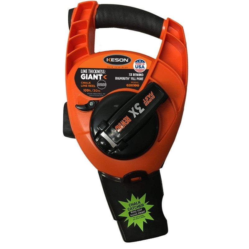 Keson G3X100 Chalk Line Reel, 12 oz Chalk Capacity, 100 ft L Line, Ergonomic Handle