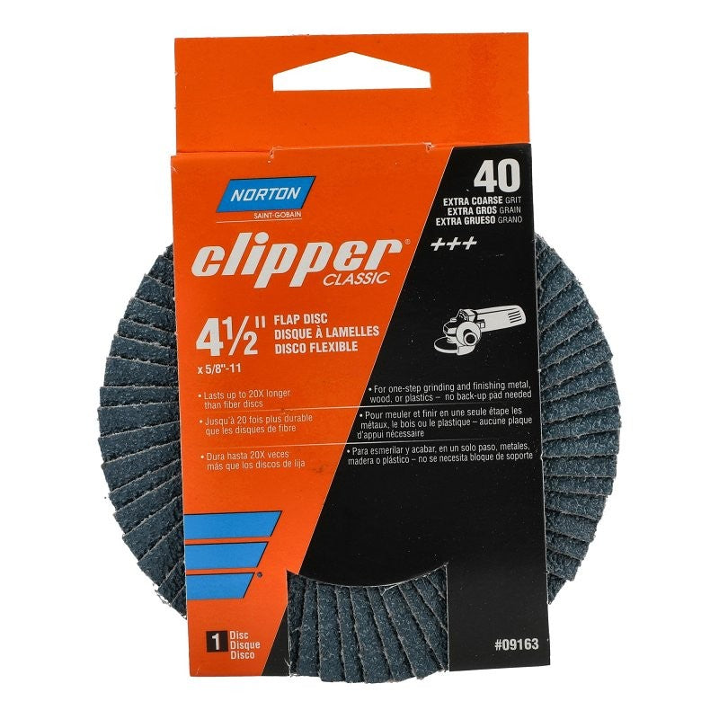 Norton Clipper 70184609163 Flap Disc, 4-1/2 in Dia, 5/8-11 Arbor, 40 Grit, Coarse, Zirconia Alumina Abrasive