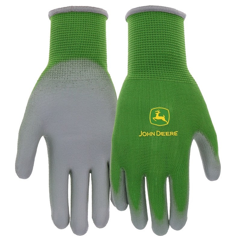 John Deere JD37200-Y Youth Gloves, 3-1/2 in L, Knit Wrist, Seamless Cuff, Polyurethane Coating, Gray/Green