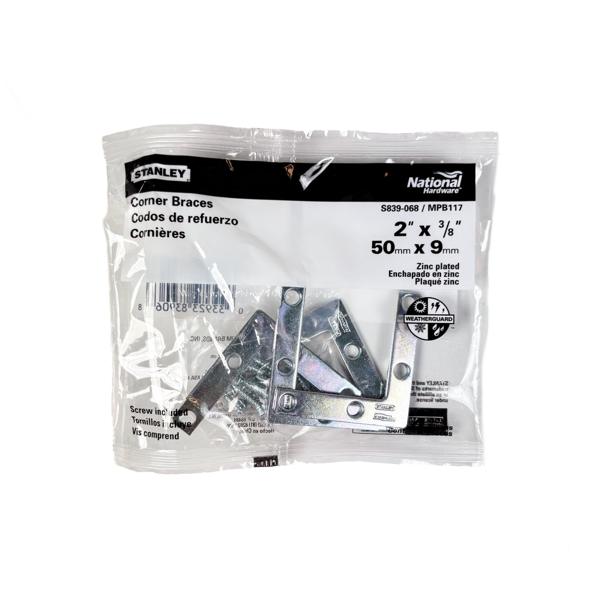 Flat Corner Iron Braces 2 By 3/8 By 0.07 Inch Zinc Plated Steel 4 Pack