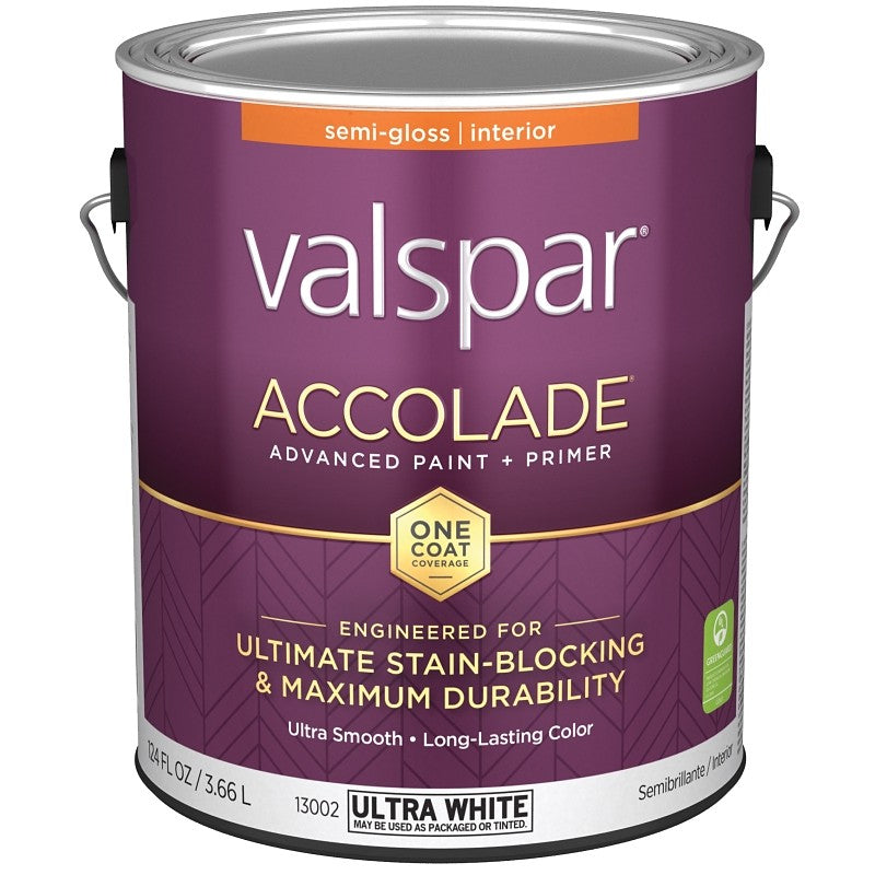 Valspar Accolade 1300 028.0013002.007 Latex Paint, Acrylic Base, Semi-Gloss, Ultra White, 1 gal, Plastic Can (Pack of 4)