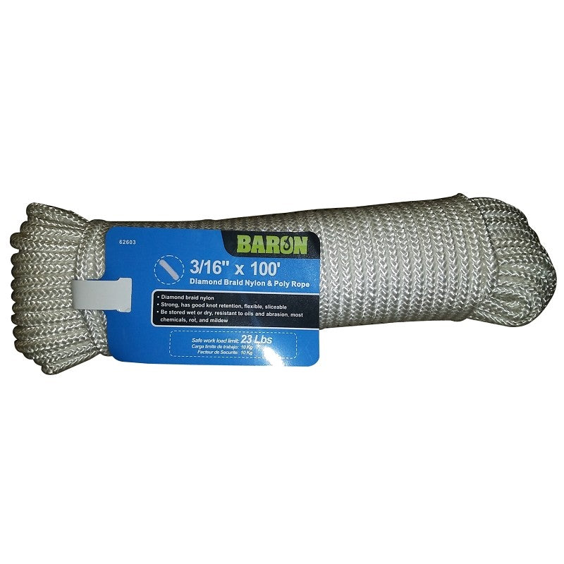Baron 62603 Rope, 3/16 in Dia, 100 ft L, 70 lb Working Load, Nylon, White