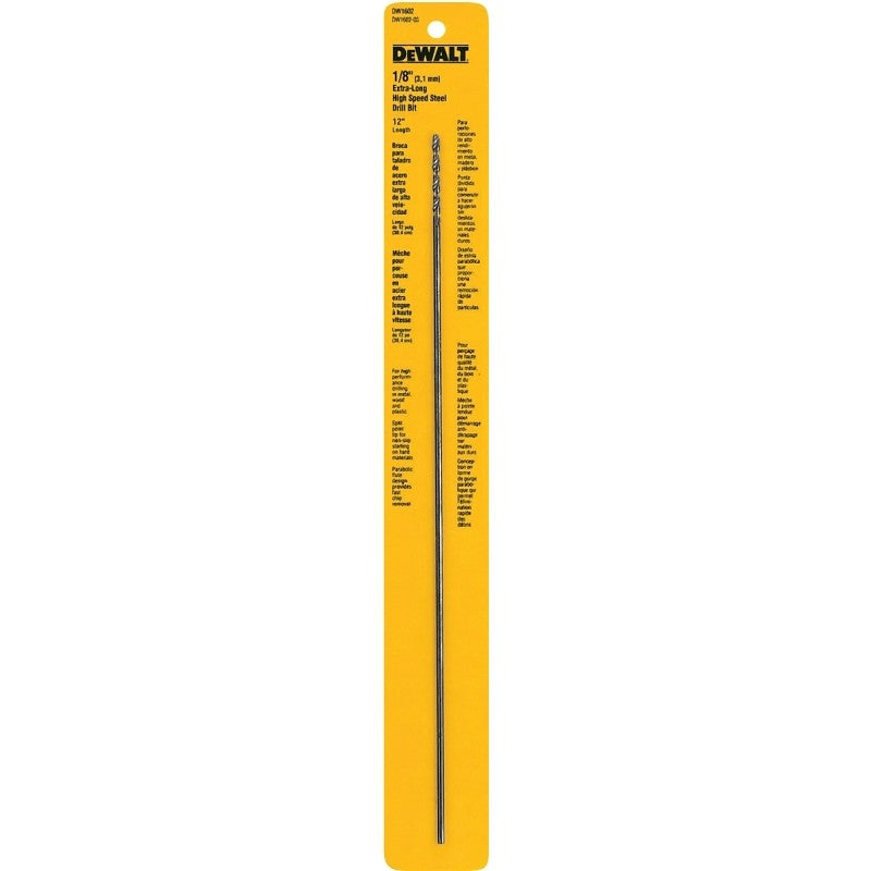 DEWALT DW1602 Drill Bit, 1/8 in Dia, 12 in OAL, Extended Length, Spiral Flute, 1/8 in Dia Shank, Round Shank