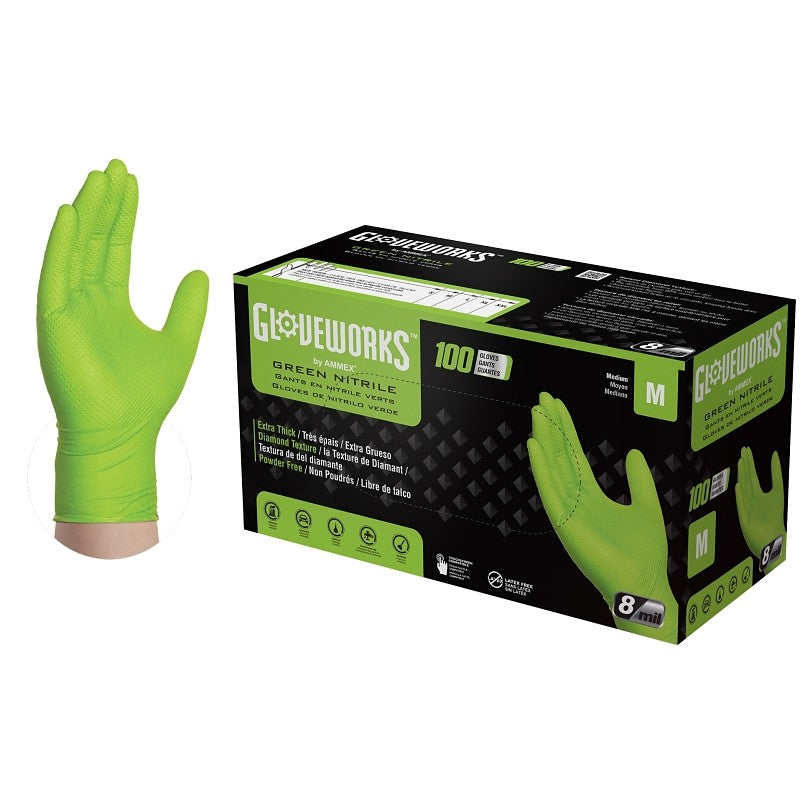 Gloveworks GWGN44100 Heavy-Duty Disposable Gloves, M, Nitrile, Powder-Free, Green, 9-1/2 in L