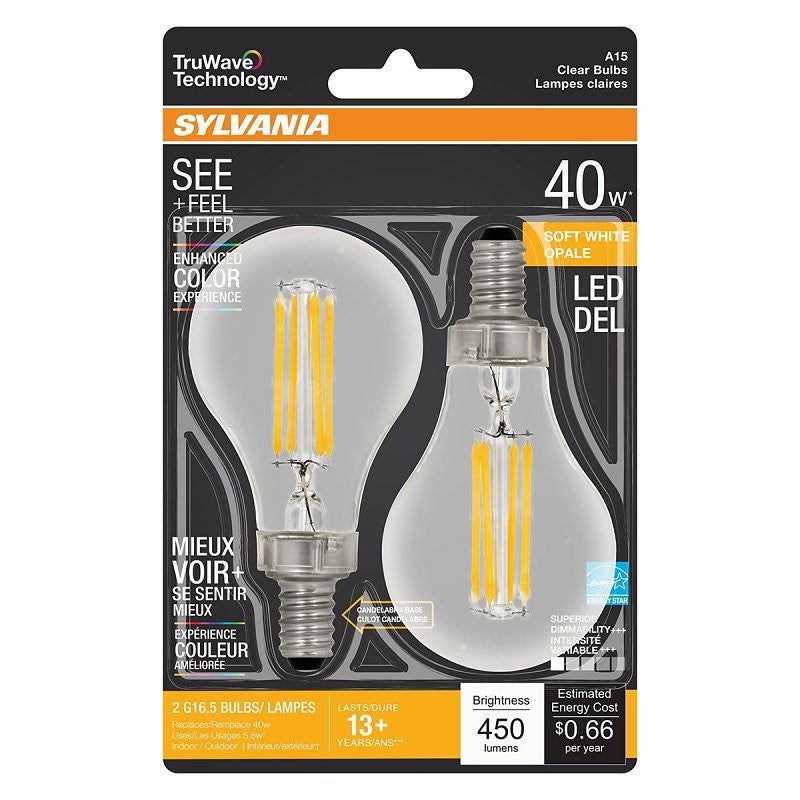 Sylvania 40774 Natural LED Bulb, Decorative, A15 Lamp, 40 W Equivalent, E12 Candelabra Lamp Base, Dimmable, Clear