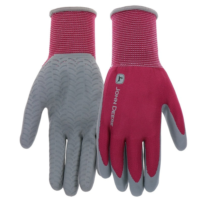 John Deere JD37216-WML Gloves, Women's, M/L, 3.82 in L, Knit Wrist, Seamless Cuff, Nitrile Coating, Gray/Maroon